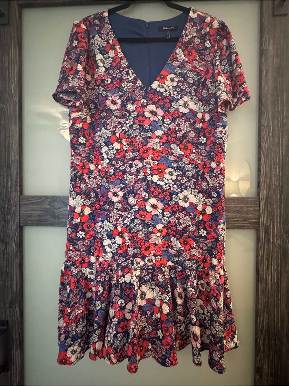 BCBG Paris Floral V-Neck Mini Dress in Navy, Red, White